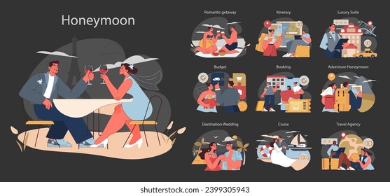 Honeymoon set. Couples celebrate, plan, budget, and embark on post-wedding travels. Love blooms in various romantic settings.
