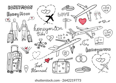 Honeymoon set in doodle style. Newlyweds, travel, suitcase, baggage, plane, fly, wedding, rings, just married, love. Hand drawn