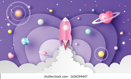 Honeymoon spaceship is traveling into the sky for space stargazing in Valentine's day. Graphic design for Valentine's day. paper cut and craft style. vector, illustration.