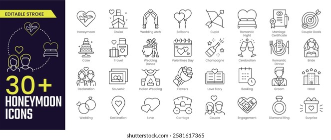 Honeymoon Stroke icon collections. Containing Cruise, Balloons, Romantic Night, Love Story, Couple Goals, Groom, Wedding, Engagement, and more icons. Editable Stroke icon collection Outline icon