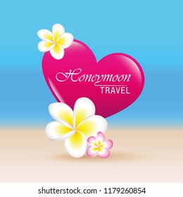 Honeymoon travel concept pink heart and frangipani flower vector illustration