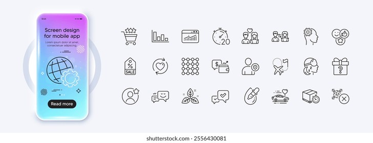 Honeymoon travel, Engineering and Insomnia line icons for web app. Phone mockup gradient screen. Pack of Secret gift, Eye drops, People communication pictogram icons. Vector