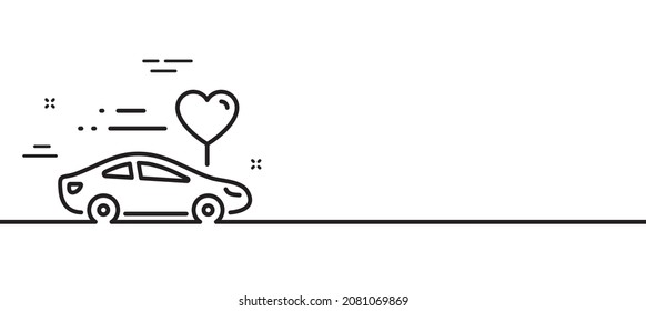 Icono de línea de viaje de luna de miel. Señal de viaje en coche de amor. Símbolo de transporte del día de San Valentín. Fondo mínimo de la ilustración de línea. Banner de patrón de línea de viaje de luna de miel. Concepto de plantilla web blanca. Vector