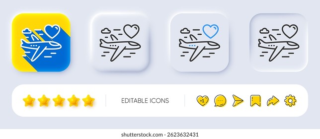 Honeymoon travel line icon. Neumorphic, Flat shadow, 3d buttons. Love trip sign. Valentines day flight symbol. Line honeymoon travel icon. Social media icons. Vector