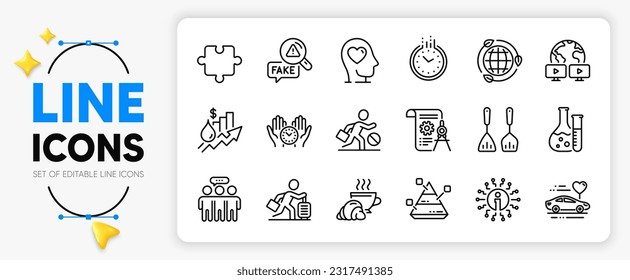 Honeymoon travel, Mental health and Croissant line icons set for app include Divider document, Employees group, Pyramid chart outline thin icon. Fake news, Travel delay. Vector