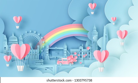 Honeymoon travel on Valentine's day and see the world famous architecture city in London, England. paper cut and craft style. vector, illustration.