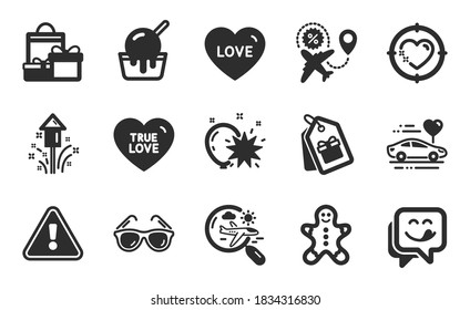 Honeymoon travel, Search flight and True love icons simple set. Shopping, Coupons and Sunglasses signs. Yummy smile, Heart target and Ice cream symbols. Fireworks, Flight sale and Love. Vector