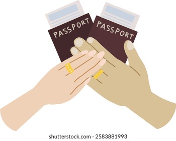 Honeymoon travel. Two hands on passports with tickets with marriage rings.