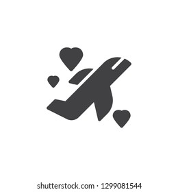 Honeymoon travel vector icon. filled flat sign for mobile concept and web design. Flying plane with hearts simple solid icon. Symbol, logo illustration. Pixel perfect vector graphics