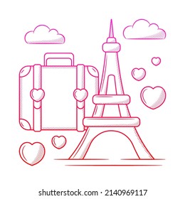 Honeymoon traveling illustration with hand drawn outline doodle style