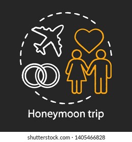 Honeymoon trip chalk concept icon. Travel style idea. Romantic voyage. City tours. Family tourism. Newlyweds holiday. Vector isolated chalkboard illustration