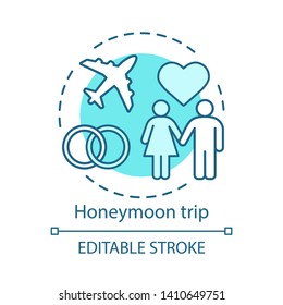 Honeymoon trip concept icon. Travel style idea thin line illustration. Newlyweds holiday. Romantic voyage. City tours. Family tourism. Vector isolated outline drawing. Editable stroke