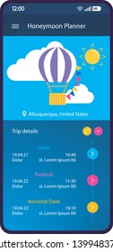 Honeymoon trip planner smartphone interface template. Romantic travel itinerary mobile app page layout. Honeymoon vacation schedule screen. Newlyweds trip organizer application flat UI. Phone display