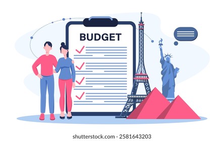 Honeymoon trip planning. Man and woman planning budget trip. Statue of Liberty, Eiffel tower and pyramid. Holiday and vacation. Travel and tourism. Flat vector illustration