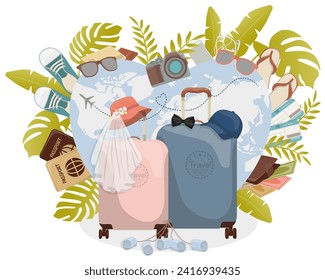 Honeymoon trip. Romantic honeymoon, Newlyweds in the form of suitcases. Honeymoon. The bride and groom are going on vacation. Couple in love. Vacation travel.