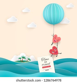 Honeymoon trip to the sea, the inscription Time to travel, A pair of lovers in the shape of animated hearts fly over the waves in a balloon, Paper cut vector illustration