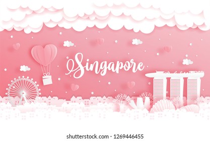 Honeymoon trip and Valentine's day card with travel concept to Singapore in paper cut style vector illustration. 