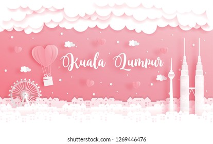 Honeymoon trip and Valentine's day card with travel concept to Kuala Lumpur, Malaysia in paper cut style vector illustration. 