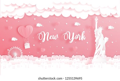 Honeymoon trip and Valentine's day concept with travel to New York City, America and world famous landmark in paper cut style vector illustration. 