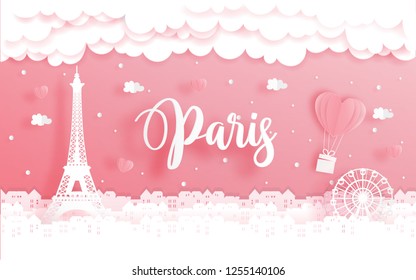 Honeymoon trip and Valentine's day concept with travel to Paris, France and world famous landmark in paper cut style vector illustration. 