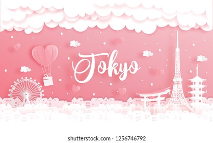 Honeymoon trip and Valentine's day concept with travel to Tokyo, Japan and world famous landmark in paper cut style vector illustration. 