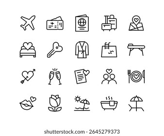 Conjunto de ícones do vetor da viagem de lua de mel | Espessura ajustável da linha | Amor, viagem, casal, romance, spa, cama, champanhe, beijo, praia, roupão, piscina, chave, jantar, ícones de paixão