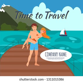 Honeymoon vacation flat illustration. Cruise, voyage. Time to travel lettering. Honeymoon. In love couple, just married cartoon characters. Journey, trip on yacht. Travel agency banner, poster design