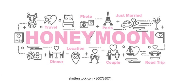 Honeymoon Vector Banner Design Concept, Flat Style With Thin Line Art Icons On White Background
