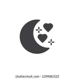 Honeymoon vector icon. filled flat sign for mobile concept and web design. Moon with hearts simple solid icon. Love symbol, logo illustration. Pixel perfect vector graphics