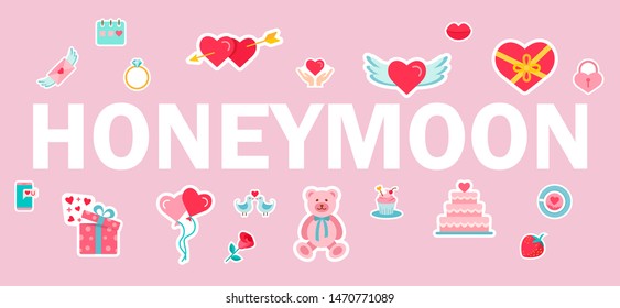 Honeymoon word typography design in pink color suitable for logo, banner or text design. Romantic voyage, vacation. Isolated lettering typography idea with flat icons. Vector flat line illustration