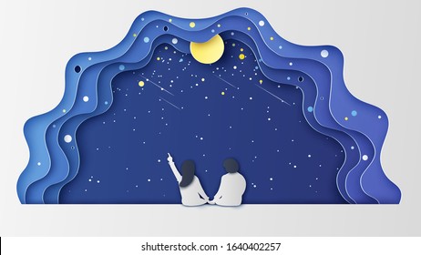 Honeymoon young couple are sitting and watching stars on romantic night sky in Valentine's day. paper cut and craft style. vector, illustration.