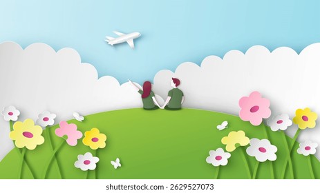 Honeymoon young couple are sitting and watching sky in Spring. Nature scenery in Spring paper cut and craft style. vector, illustration.