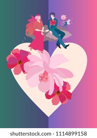 Honeymoon. Young happy couple is flying on clouds over a huge heart, twisted with flowers. The winged elf plays the lyre. Wedding invitation in vector.