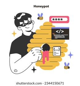 Honigtopf. Computersicherheitsmechanismus zur Erkennung, Ablenkung und Bekämpfung von Versuchen unberechtigter Nutzung von Informationssystemen. Früher wurde ein Hacker mit einem Baiting blockiert. Flache Vektorgrafik