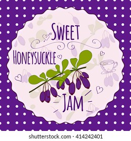 Honeysuckle jam vector logo. Homemade jam logo. Sweet honeysuckle jam. Honeysuckle illustration. Berry jam illustration.