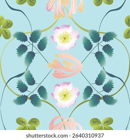 Honeysuckle and rose flowers in a vertical stripe, with ogees in green and green leaves forming another stripe.