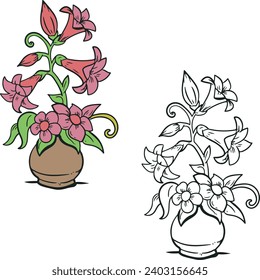 Honeysuckle  in vase. flowers drawing with line-art on white backgrounds.  Simple Design Outline Style. You can give color you like. Vector Illustrations