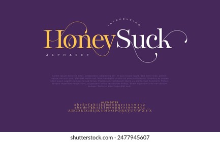 Honeysucks premium luxury elegant alphabet letters and numbers. Vintage wedding typography classic serif font decorative vintage retro. creative vector illustration