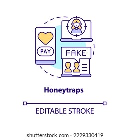 Honeytraps concept icon. Romance scam. Fake online dating. Digital security abstract idea thin line illustration. Isolated outline drawing. Editable stroke. Arial, Myriad Pro-Bold fonts used