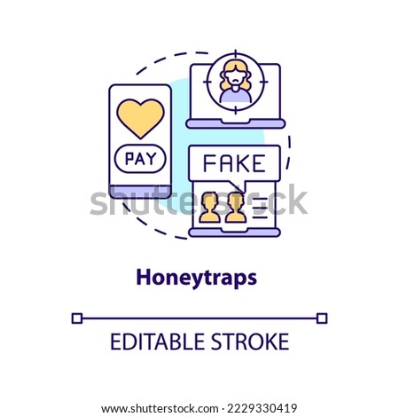 Honeytraps concept icon. Romance scam. Fake online dating. Digital security abstract idea thin line illustration. Isolated outline drawing. Editable stroke. Arial, Myriad Pro-Bold fonts used