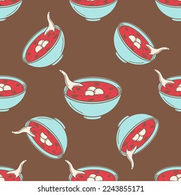 Hong dou tang, sweet Chinese red bean soup. Chinese New year dessert vector illustration in doodle style.