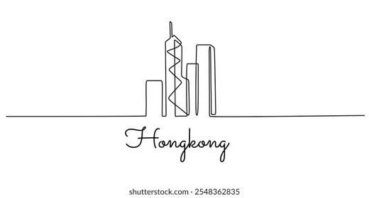 Hong Kong’s famous landmarks depicted in a continuous one line drawing. A clean and simple vector representation for city-based designs.