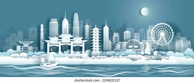 Hong Kong architecture travel landmarks and reflection of China famous and popular, Tour Hong Kong cityscape with panorama view, paper origami, paper art style for travel poster and postcard.