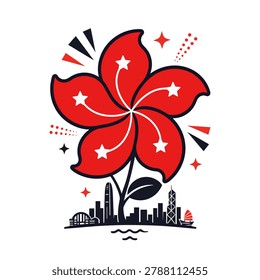 Hong Kong bauhinia flower vector with red petals, stars, skyline, harbor, and flag-inspired accents. Patriotic floral art for travel, culture, celebration, poster, sticker, and souvenir design.