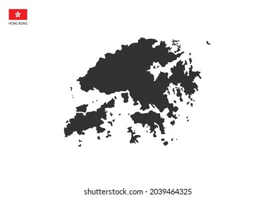 Hong Kong black shadow map isolated on white background with Hong Kong icon flag on the left corner.