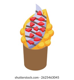 Hong kong bubble waffle with blue vanilla ice cream, chocolate spread and strawberry slices served in brown paper cup