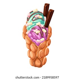 Hong Kong bubble waffle with ice cream vector illustration. Cartoon isolated egg crispy waffle cone with colourful sundae balls, chocolate sticks and sweet marshmallow, choco sauce decoration