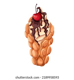 Hong Kong bubble waffle with soft ice cream, melting liquid drops of chocolate sauce and cherry on top vector illustration. Cartoon isolated sweet egg wafer cone with creamy summer delicious dessert
