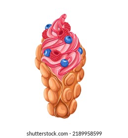 Hong Kong bubble waffle with soft swirl ice cream, raspberry and blueberry vector illustration. Cartoon isolated pink sundae and berry in egg waffle cone, crispy summer wafer dessert for kids