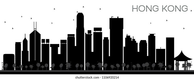 Hong Kong China City Skyline Black and White Silhouette. Simple flat concept for tourism presentation, banner, placard or web site. Hong Kong Cityscape with Landmarks. Vector illustration.